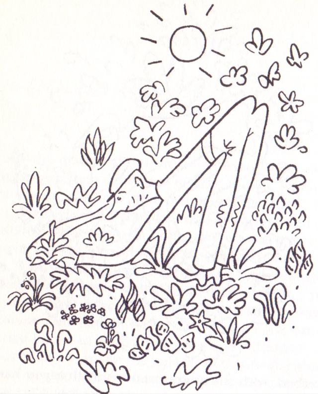 Line drawing of a gardener bent over his plants with his rear in the air