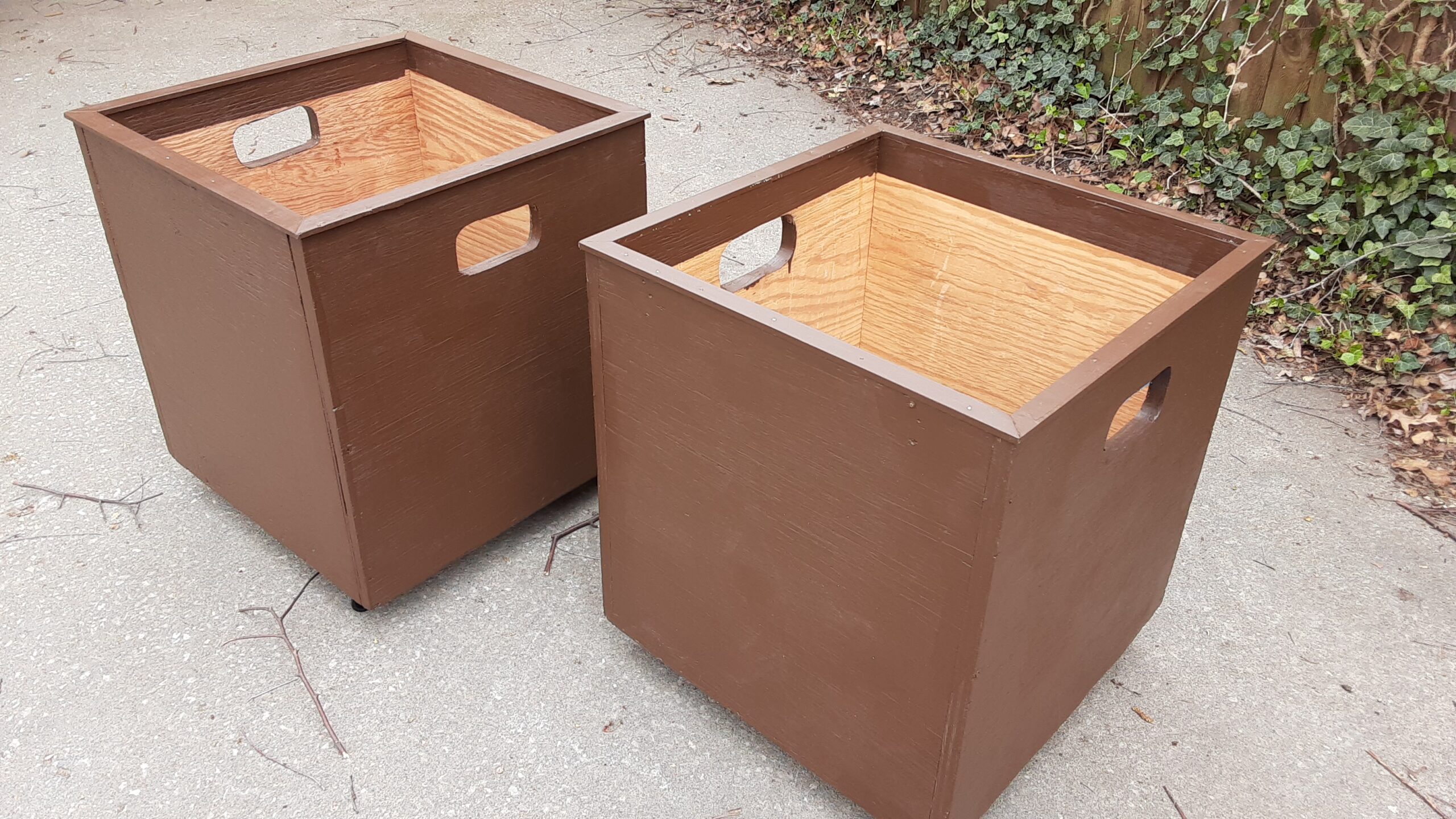 Two plywood crates repurposed as planters